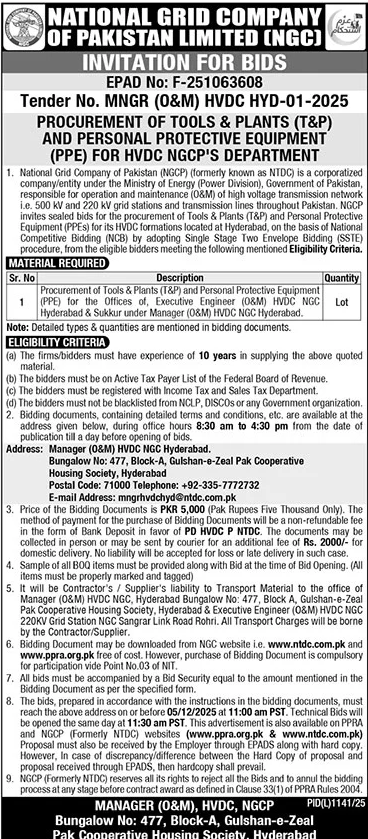 National Grid Company of Pakistan Limited Hyderabad Tender Notice